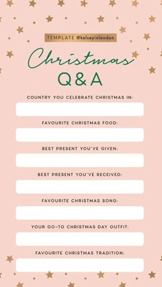 the christmas q & a form is shown with gold stars on pink and green background