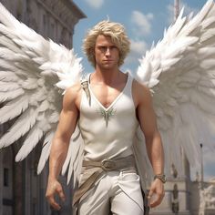 a man with white wings is standing in front of a building and looking at the camera