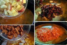 four pictures show different stages of cooking potatoes and meats in the slow cooker