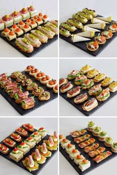 different types of appetizers displayed on black trays