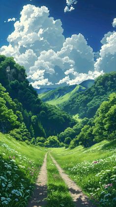 a painting of a dirt road in the middle of a green valley with trees and flowers