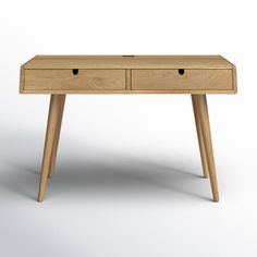 a wooden table with two drawers on one side and an open drawer on the other