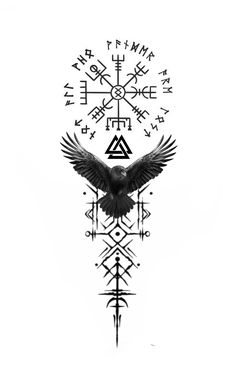 a black and white drawing of a bird with symbols on it's back side