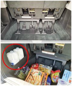 two pictures showing the inside of a car with food in it and on the floor