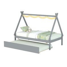 a bed frame with a pull out trundle and pillows on the bottom shelf