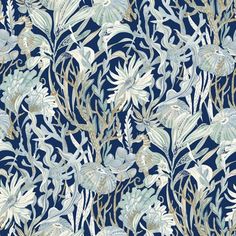 a blue and white floral wallpaper with gold foiling on the bottom half of it