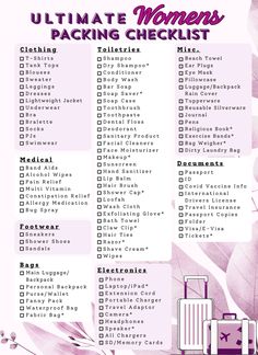 the ultimate women's packing checklist is shown in purple and white with leaves on it