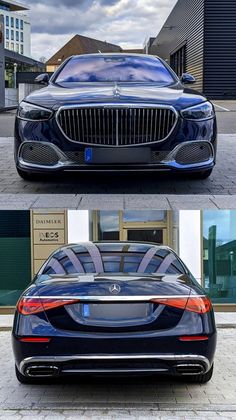 the front and back view of a blue car