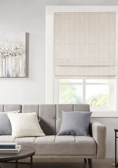 a living room with a couch, coffee table and window blinds in shades of grey