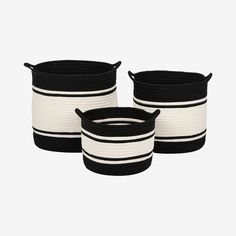 three black and white baskets with handles