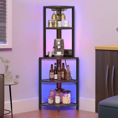 a shelf with bottles and jars on it in a living room next to a chair