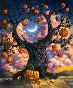 a painting of a tree with pumpkins on it and a moon in the background