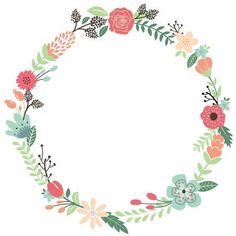 a floral wreath with leaves and flowers on the bottom, in pastel colors against a white background