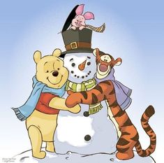 winnie the pooh and tigger are making a snowman with each other in front of a snow man