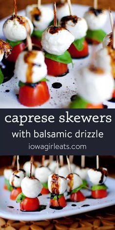 caprese skewers with balsamic drizzle on a plate