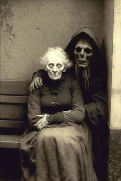 an old woman sitting on top of a bench next to a skeleton