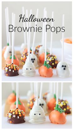 halloween brownie pops with white frosting and sprinkles on the top