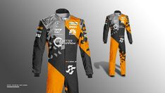 an orange and black racing suit is shown