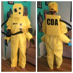 two pictures of a person in a yellow suit with the words cola on it and an image of a man wearing a gas mask