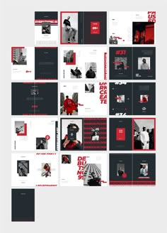 a large group of black and red brochures with different images on them, all in