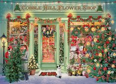 a painting of a store front decorated for christmas