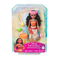 the disney princess moan doll is in its box and has an orange skirt on it