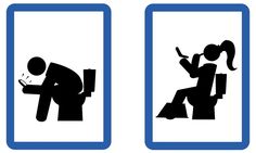 three signs showing people sitting on the toilet and using their cell phones while they are not in use