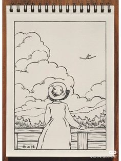 a drawing of a woman looking out over the water