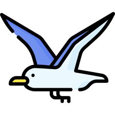 a blue and white bird flying with its wings spread out to the side, on a white background