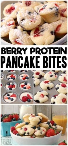 berry protein pancake bites with fresh berries and blueberries in the middle are shown