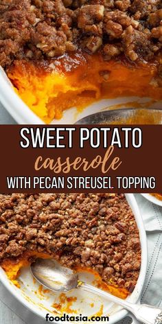 sweet potato casserole with pecan streusel topping in a white dish