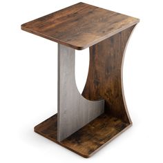 a wooden table with a metal base on the top and bottom part in grey wood