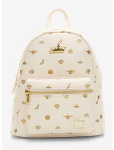 a white backpack with gold print on the front and side zippers, featuring an embellished crown