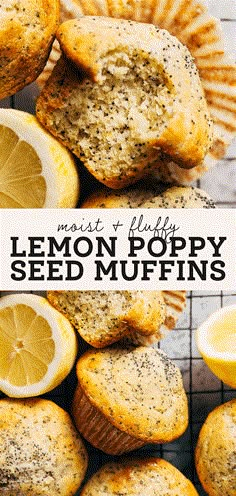 lemon poppy seed muffins on a cooling rack with the title overlay reads, most fluffyly lemon poppy seed muffins