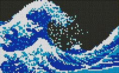 a blue and white pixelated image of a wave in the ocean with black background