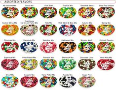 many different colors and sizes of buttons on a white background with the words assorted flavors