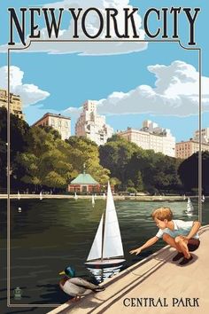 the new york city poster shows a boy on a dock with a boat and ducks