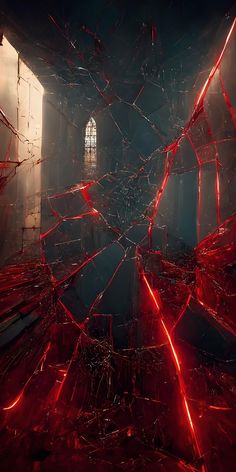 a broken glass window with red lights shining through it