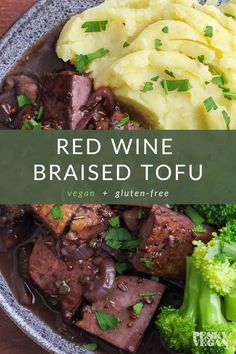 red wine braised tofu with broccoli and mashed potatoes on a plate