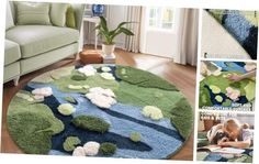 an image of a rug with flowers on it and pictures of the area around it