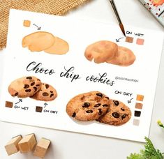 an image of cookies and chocolate chip cookies on a piece of paper with watercolors