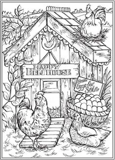 a coloring page with chickens and eggs in front of a chicken coop that says happy henhouse