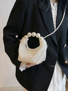 Beaded Solid Color Bags Bags Accessories Handbags Shoulder Bags WHITE-One_size Trendy White Handheld Evening Bag, Trendy White Shoulder Evening Bag, Trendy White Evening Shoulder Bag, White Crossbody Evening Bag With Phone Holder, White Crossbody Evening Bag For Mobile Phone, White Handheld Bag With Pearl Handle, White Bags With Pearl Handle For Daily Use, Trendy White Pouch Evening Bag, White Crossbody Evening Bag For Shopping