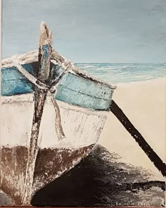 a painting of a boat on the beach