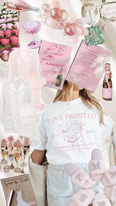 a collage of pink and white items, such as baby shoes, champagne bottles, cards, and more