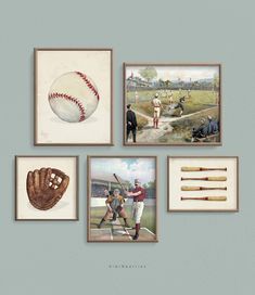 four framed pictures with baseballs and bats hanging on the wall in front of them