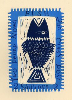 a blue and white stamp with an image of a fish on it's face