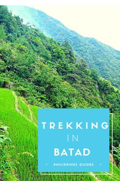 a lush green field with the words trekking in batad