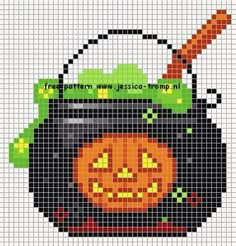 a cross stitch pattern with a pumpkin in a pot and a witch's hat