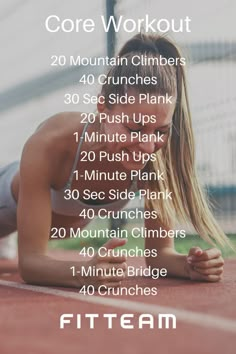 a woman laying on the ground with her hands behind her head, and text reading core workout